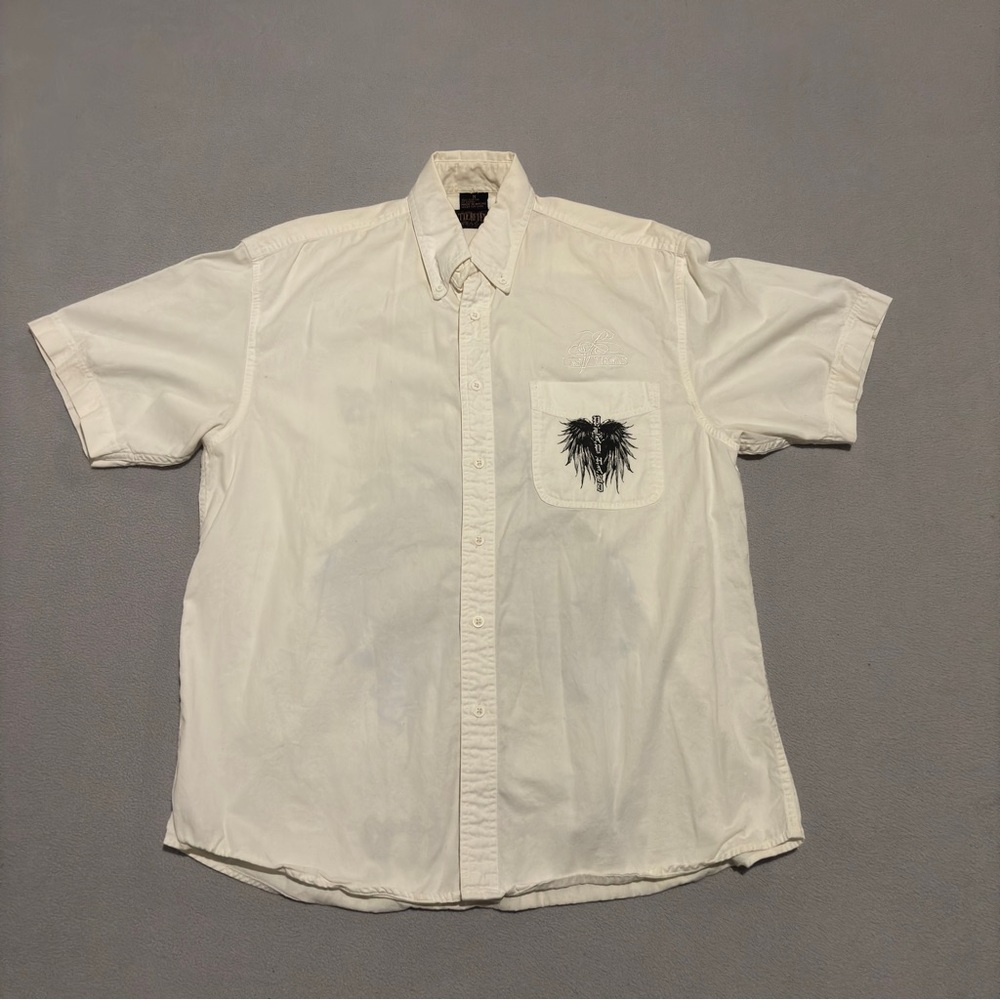 VTG 90s Y2K Button Up Shirts Mens Medium White Short Sleeves Grunge Tattoo Angel